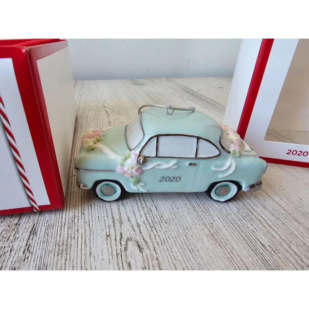 Lenox 2020 Just married vintage car porcelain ornament new Xmas tree teal weddin